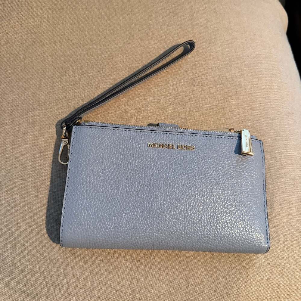 Michael Kors Adele Double-Zip Pebble Leather Wristlet-Cornflower Blue